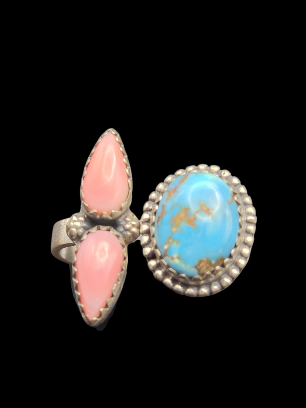 Sterling Silver Pink Coral and Blue Turquoise Statement Ring Adjustable